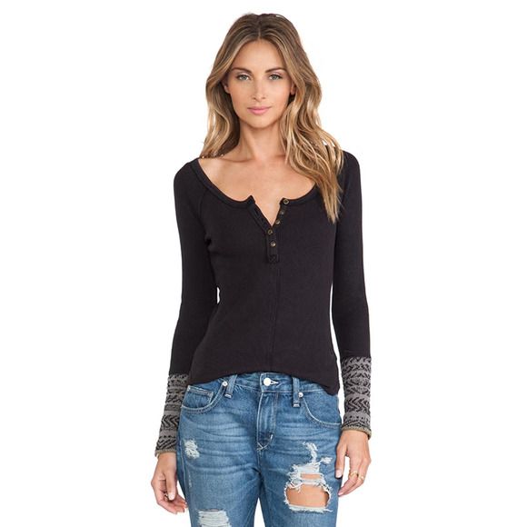 Free People Alpine Cuff Newbie Black Cotton Blend Thermal Top Y2K Small - Picture 1 of 6